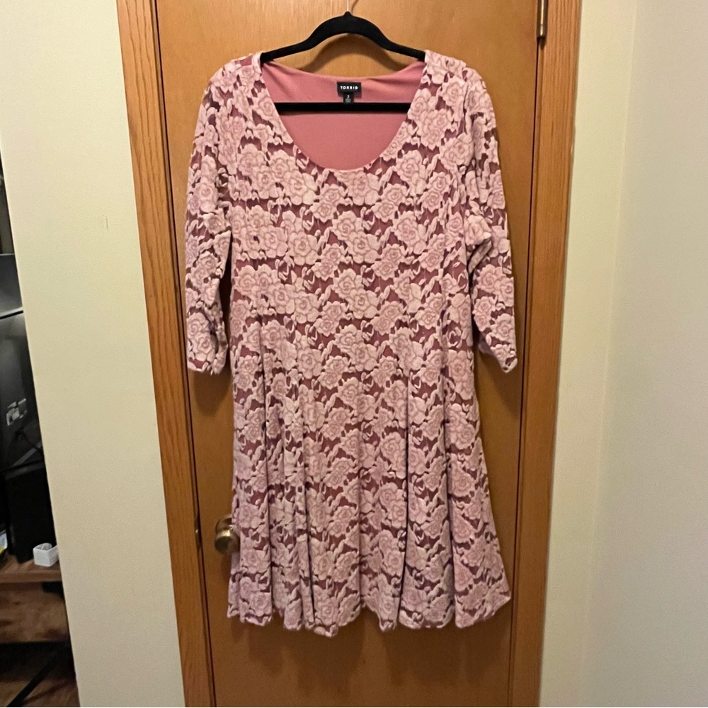 Torrid Pink A-Line V-Neck Dress with 3/4 Sleeves